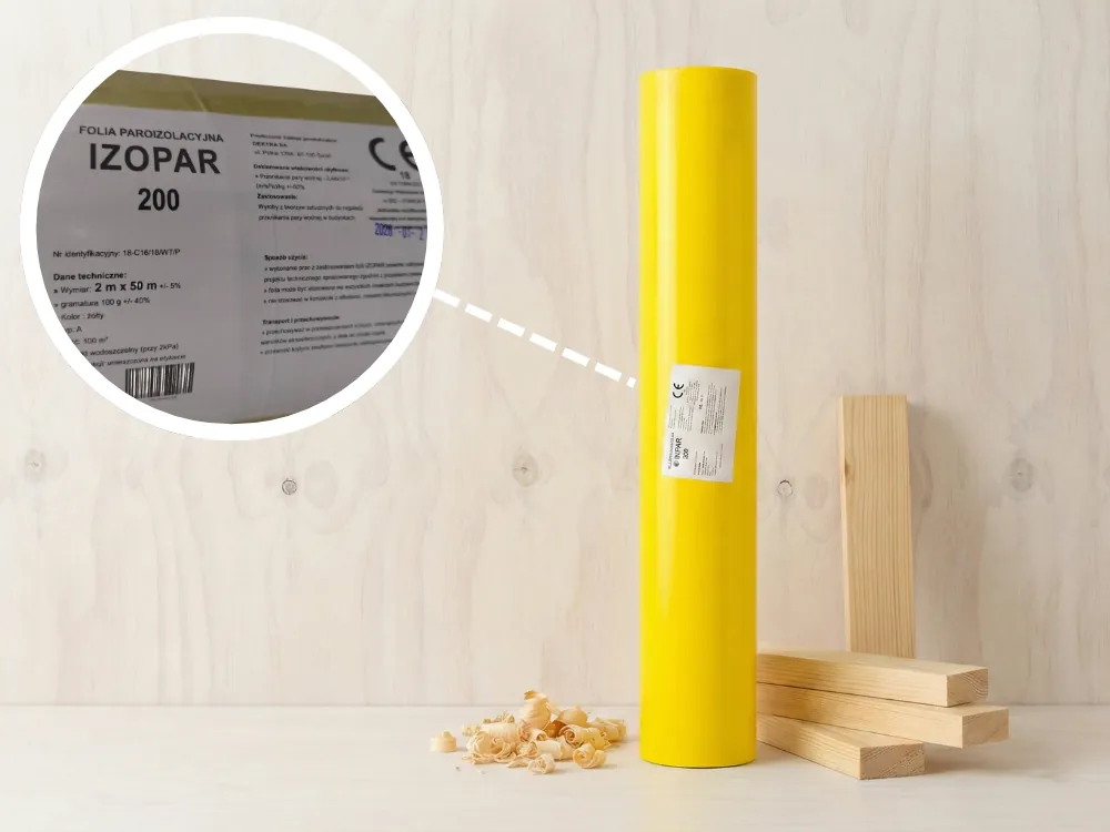 Żółta folia paroizolacyjna IZOPAR o wymiarach 2x50 m – atestowana rolka z widoczną etykietą
